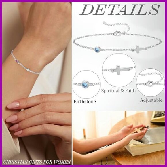 Dainty Gold Cross Bracelet with Birthstone, 6.5" Adjustable Chain - Picture 5 of 8